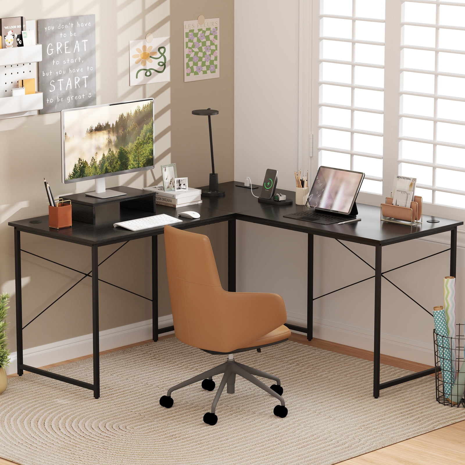 Giantex 95 Inch Reversible Corner Desk, L-Shaped Computer Desk w/Monitor Stand & 3 Cable Holes, 2-Person Long Study Writing Desk for ome Office, Black