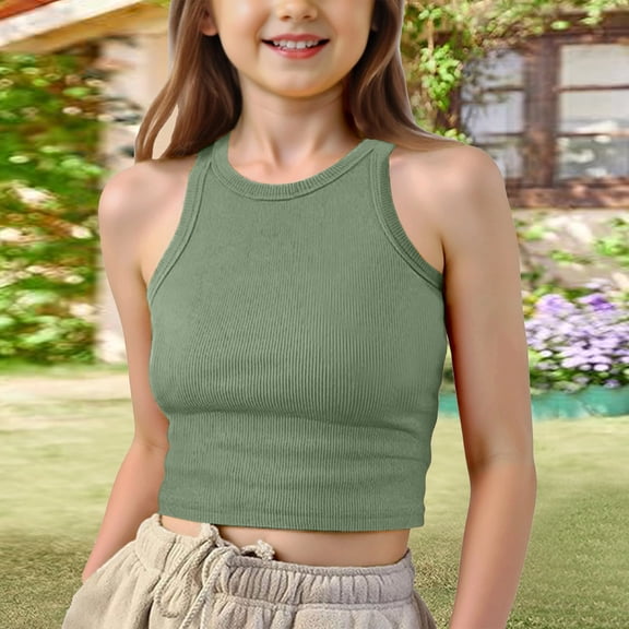 Dwellite Tank Tops for Girls Athletic Ribbed Knit Fashion Crewneck Crop Tops Casual Basic Solid Color Camisole Light Green 150