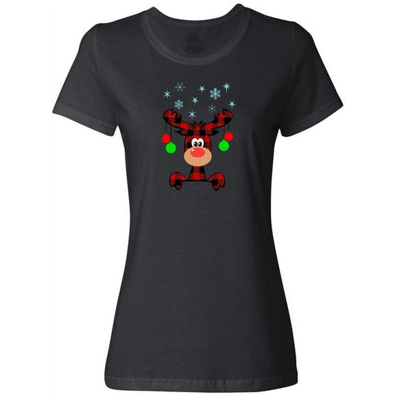 Inktastic Cute Flannel Reindeer with Christmas Bulbs and Snowflakes Women's T-Shirt