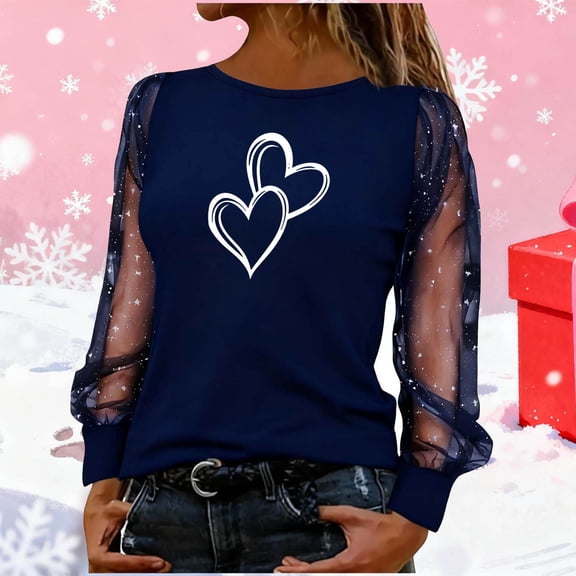 YTCAMLO Mesh Long Sleeve Womens Blouses Trendy Cute Love Heart Valentines Shirts Lightweight Round Neck Tunic Tops Dressy Outfits