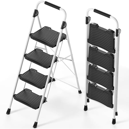 4 Step Folding Ladder, 900 lbs Load Capacity, Non-Skid Large Pedals, Handrail, Safety Lock, Sturdy Step Stool for Home, Office, Garden, Multi-Purpose, White