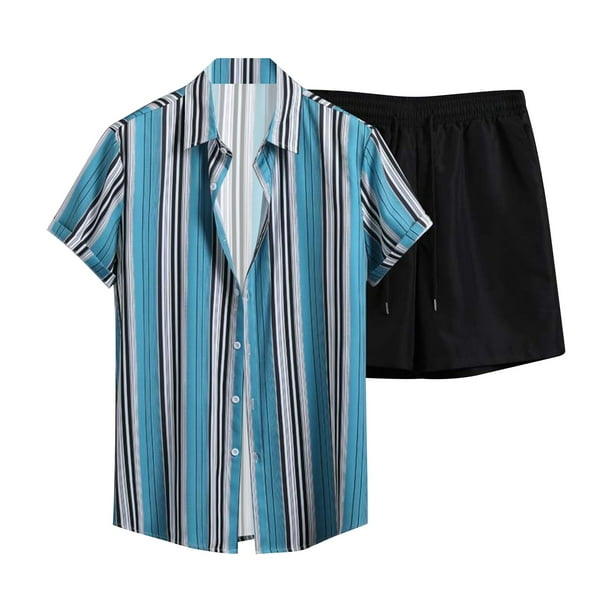 Conjuntos cortos Cagnkofi para hombre, conjuntos de 2 piezas, chándales de verano, conjunto informal de camisa y pantalones cortos de manga corta con estampado de rayas y botones