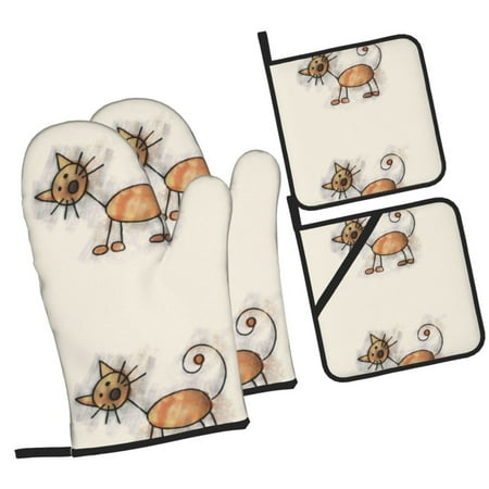 

Pofeuu Brown Cat Cartoon Print Oven Mitts and Pot Holders 4 pcs Set High Heat Resistant 500 Degree Extra Thicken Long Kitchen Cotton Oven Glove for Cooking