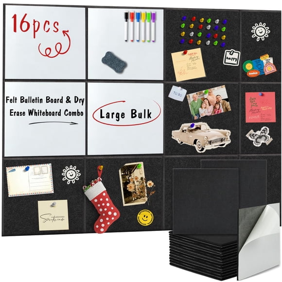 BXI Tableau Blanc Effaçable à Sec Magnétique & Tableau d'Affichage en Feutre avec Épingles, 16 Pcs 12 X 12 X 3/8 Pouces Carreaux d'Affichage Auto-Adhésifs, Panneau Mémo