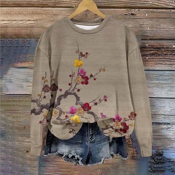 Tawop Sweatshirt Women Tops Sweatshirts for Women Crew Neck Long Sleeve Pullover Graphic Casual Khaki 2XL