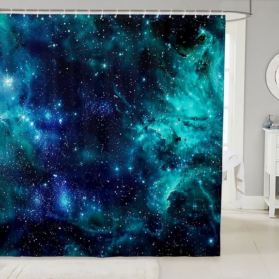 Manfei Dreamy Teal Galaxy Shower Curtain 72Wx72L,Sparkling Stars Print Bathroom Curtain