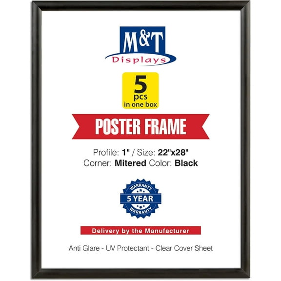 M&T Displays 22x28 Snap Poster Frame Black Aluminum Photo Picture Document Certificate Sign Holder - 5 Pack