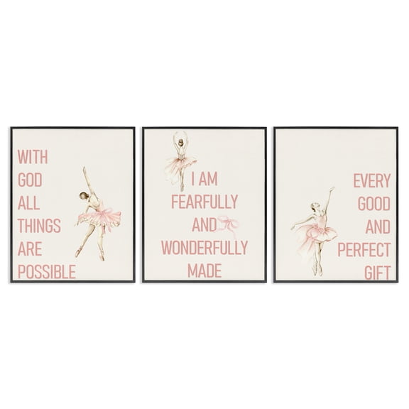 Faith Sentiments with Ballerinas 3 Piece Black Framed Giclee Art Set, design by Kim Allen