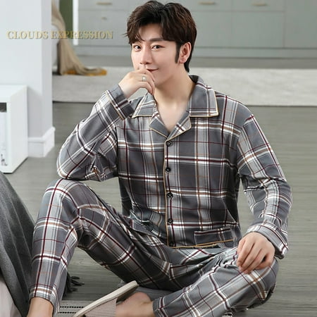 

QWZNDZGR Spring Autumn Knitted Cotton Cartoon Men s Pyjamas Striped Pajamas Set Casual Male Sleepwear Pyjama Night Pijamas 3XL Homewear