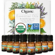 Cliganic USDA Organic Aromatherapy Essential Oils Set (Top 8), 100% Pure Natural, Peppermint, Lavender, Eucalyptus, Tea Tree, Lemongrass, Rosemary, Frankincense & Orange