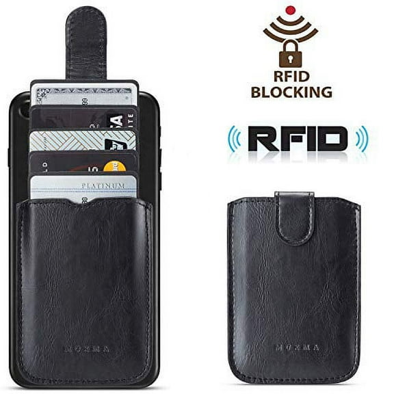 Phone Card Holder RFID Blocking Sleeve, Pu Leather Back Phone Wallet Stick-On Pull up 5 Card Holder Universally Pocket Covers Credit Cards Cash for iPhone/Android/Samsung/All Smartphones (Black)