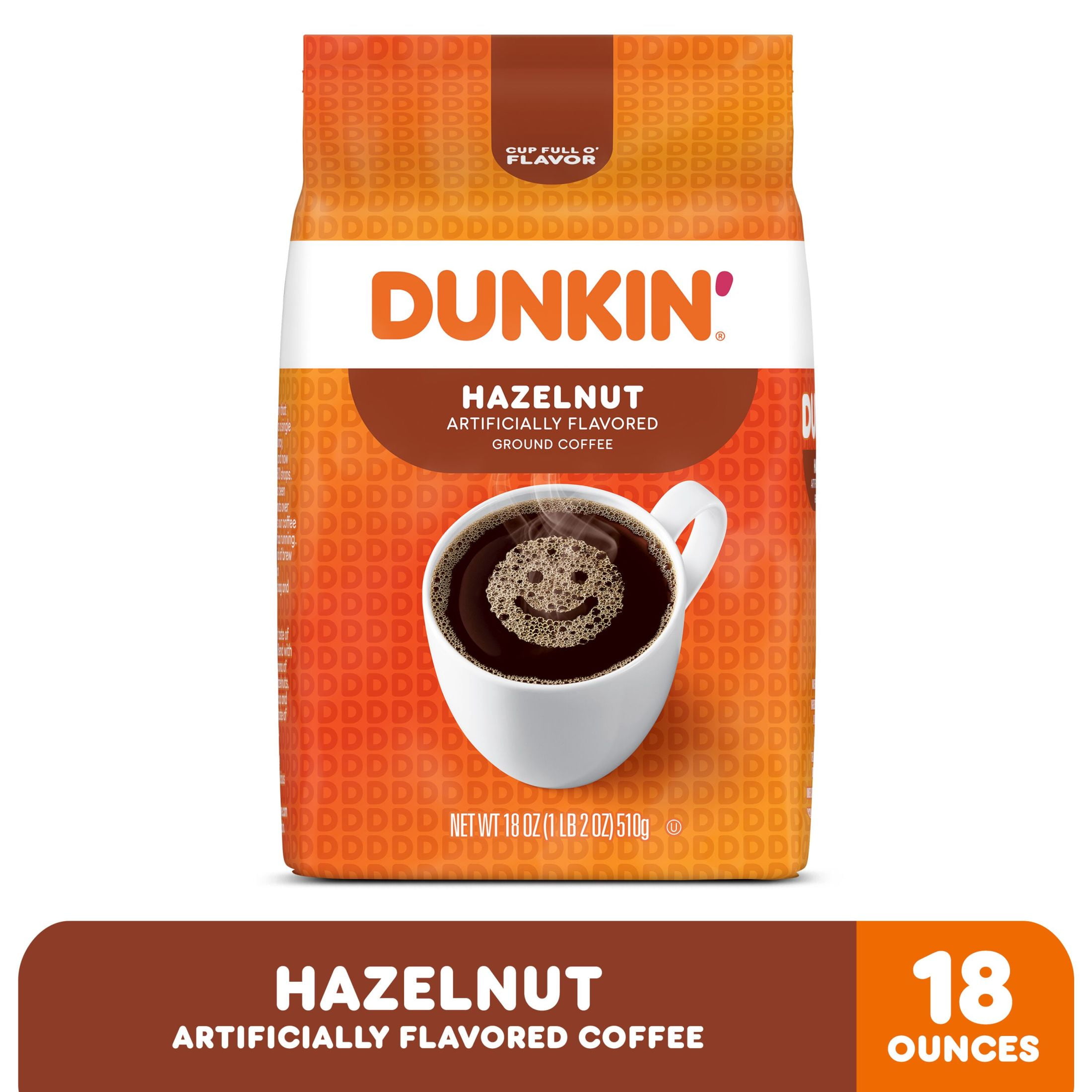 (6 pack) Dunkin’ Hazelnut Artificially Flavored Ground Coffee, 18 oz Bag