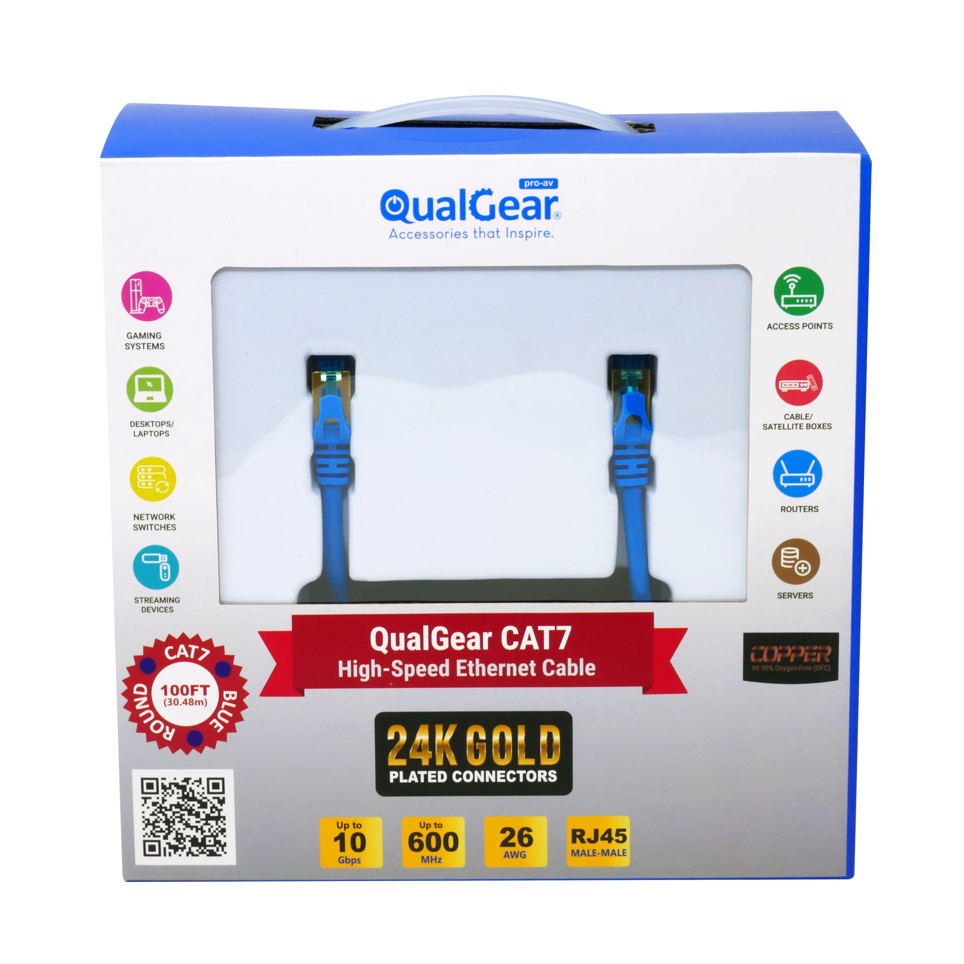 QualGear RJ45 Cat 7 Ethernet Patch Cable, 10Gpbs High-Speed Cable, 600MHz, Triple-Shielded, Round, 100 Feet, Blue