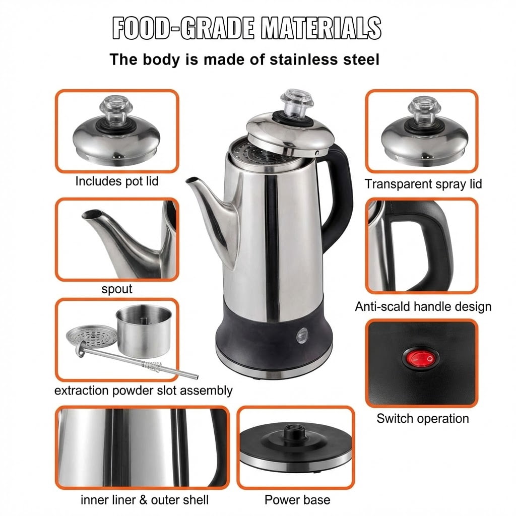 Classic Electric Percolator Coffee Maker, 12-Cup Capacity with Stay-Warm Feature - Stainless Steel, Fast Brewing & Easy-Pour Spout, Silver
