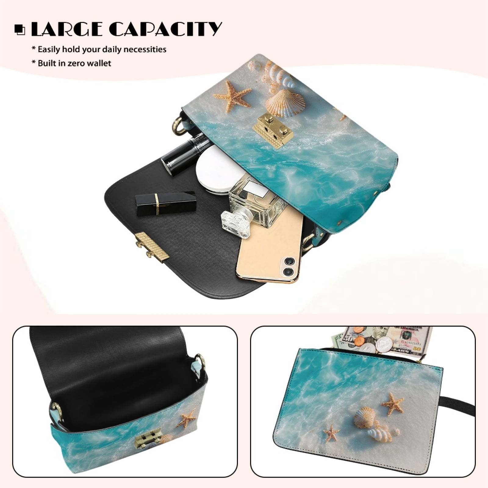 SCRAWLGOD Beach Water Conch Starfish Print Small Crossbody Bag for Women PU Leather Phone Purse with Metal Hook Lightweight Stain Resistant Crossbody Handbags with Metal Buckle