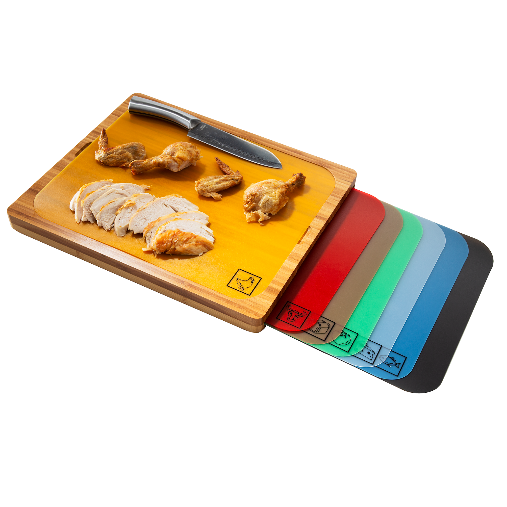 Seville Classics Bamboo Cutting Board with 7 Colour Coded Chopping