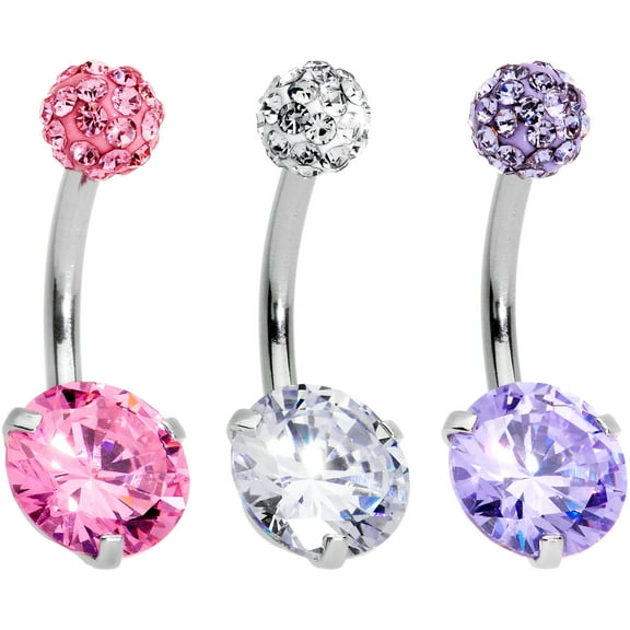 Body Candy 14G Steel 3Pc Navel Ring Piercing Clear Pink Purple Accent Glamour Belly Button Ring Set of 3