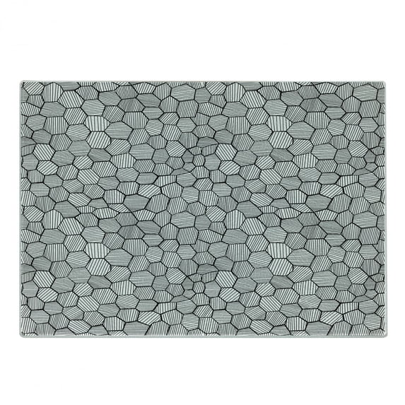 Geometric Cutting Board, Hand-Drawn Sketch Deformed Hexagon Shapes Inspired from Honeycomb Structure, Decorative Tempered Glass Cutting and Serving Board, Small Size, Black and White, by Ambesonne