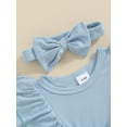 thumbnail image 5 of FEORJGP Infant Baby Girl Romper Dress 0 3M 6M 9M 12M 18M Newborn Short Sleeve Jumpsuit Solid Color Ribbed Ruffled Round Neck Bodysuit Dress with Bow Her Solid Cute Daily Clothes for Vacation, 5 of 8