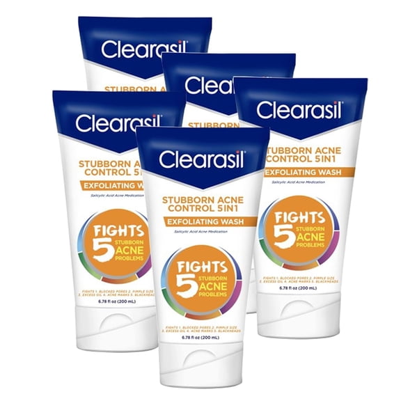 Clearasil Stubborn Acne Control 5in1 Exfoliating Wash 6.78 fl. oz., Reduces Blocked Pores, Pimple S (Pack of 5)