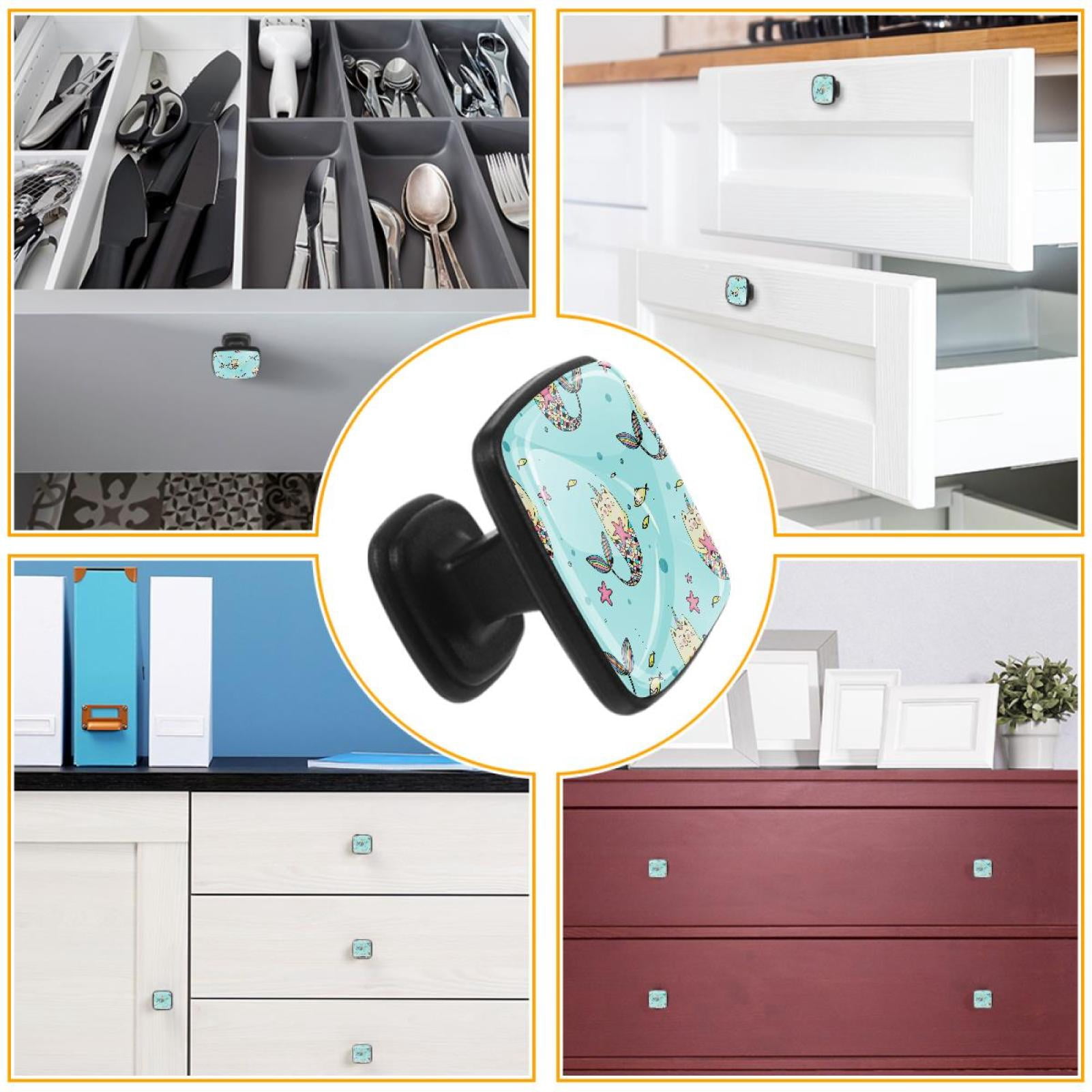 4 Pcs Cabinet Handle Drawer Pulls Cat Mermaid Blue Knobs with Screws Square Furniture Office Cabinet Knob Decoration