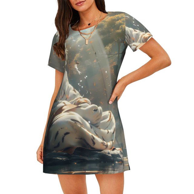Balery Forest Meditating White Tiger Camisón de manga corta con cuello redondo para mujer, cómodo y elegante.