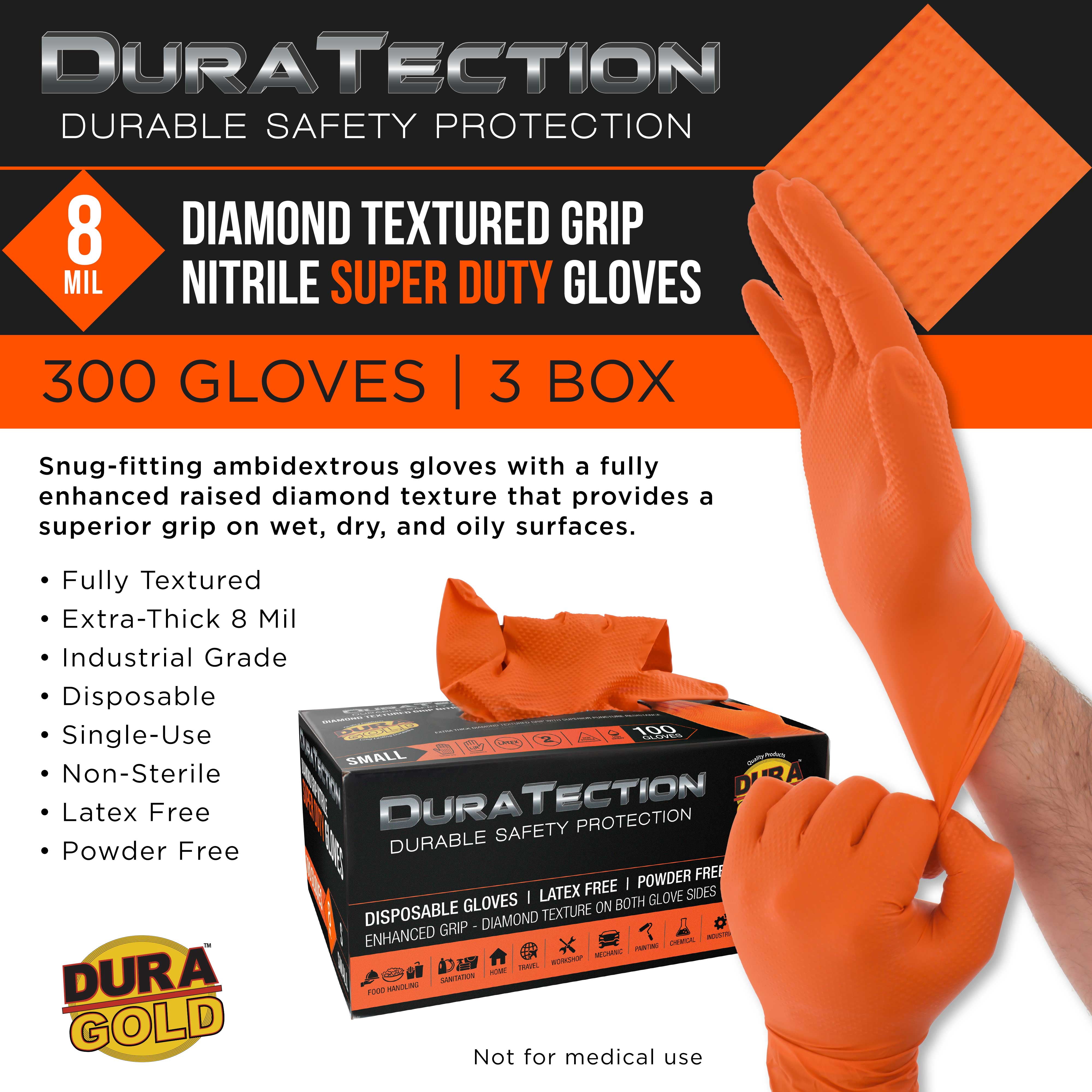 Dura-Gold Duratection 8 Mil Orange Super Duty Diamond Textured Nitrile Disposable Gloves, 3 Boxes of 100, Small - Latex Free, Powder Free, Food Safe, Safety Protection Work Gloves, Industrial