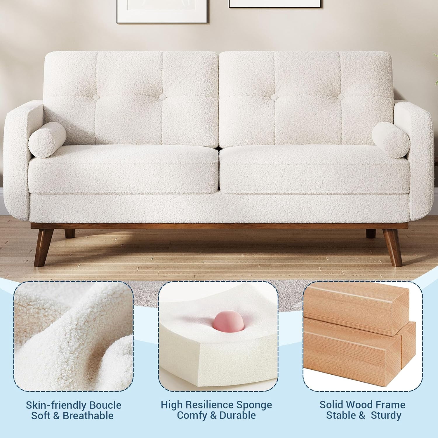 IdealHouse 65" Loveseat Sofa, Mid Century Modern 2-Seater Couch, Teddy Fleece Boucle Upholstered, Deep Seat Love Seat for Living Room, Bedroom, Beige