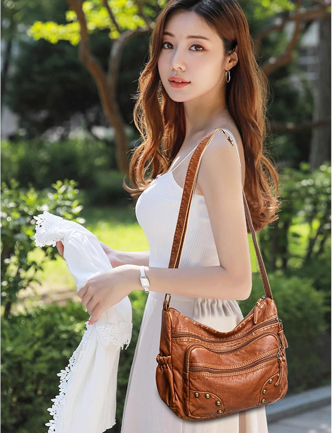 Lightweight Leather Multi-Pocket Shoulder Bag for Women - Retro Sling Medium Travel Purses