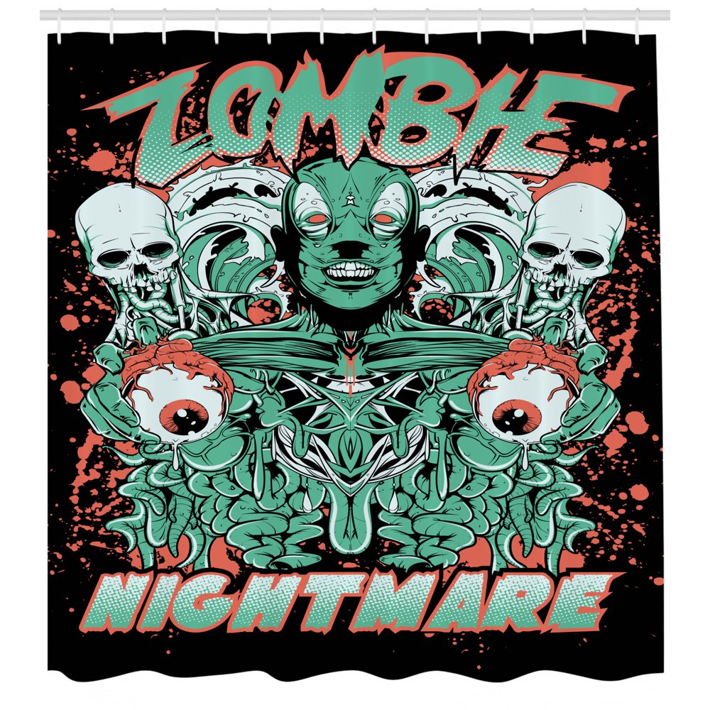 Zombie Decor Shower Curtain, Nightmare Retro with Skulls Ghost Characters Wild Illustration ...