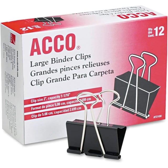 Binder Clips ACCO Brands, tamaño grande, 12 clips por caja (72100)