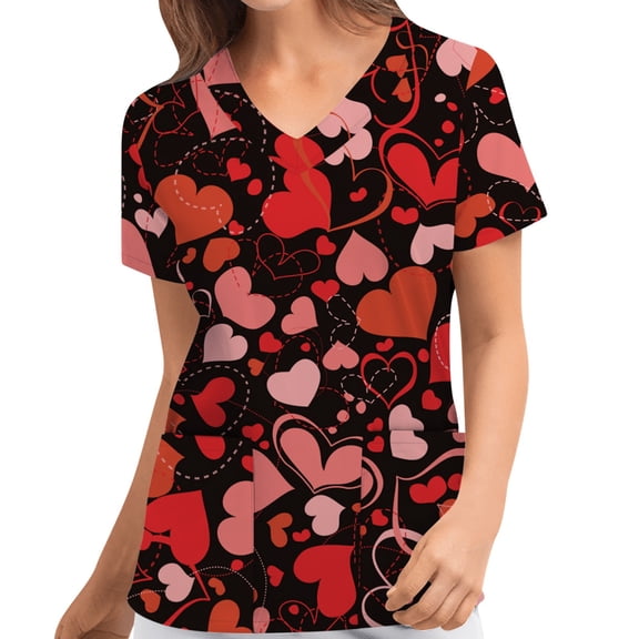 DailyTrove Women's Valentine Print Scrub Top - V-Neck Medical Uniform, Cute for Healthcare Work