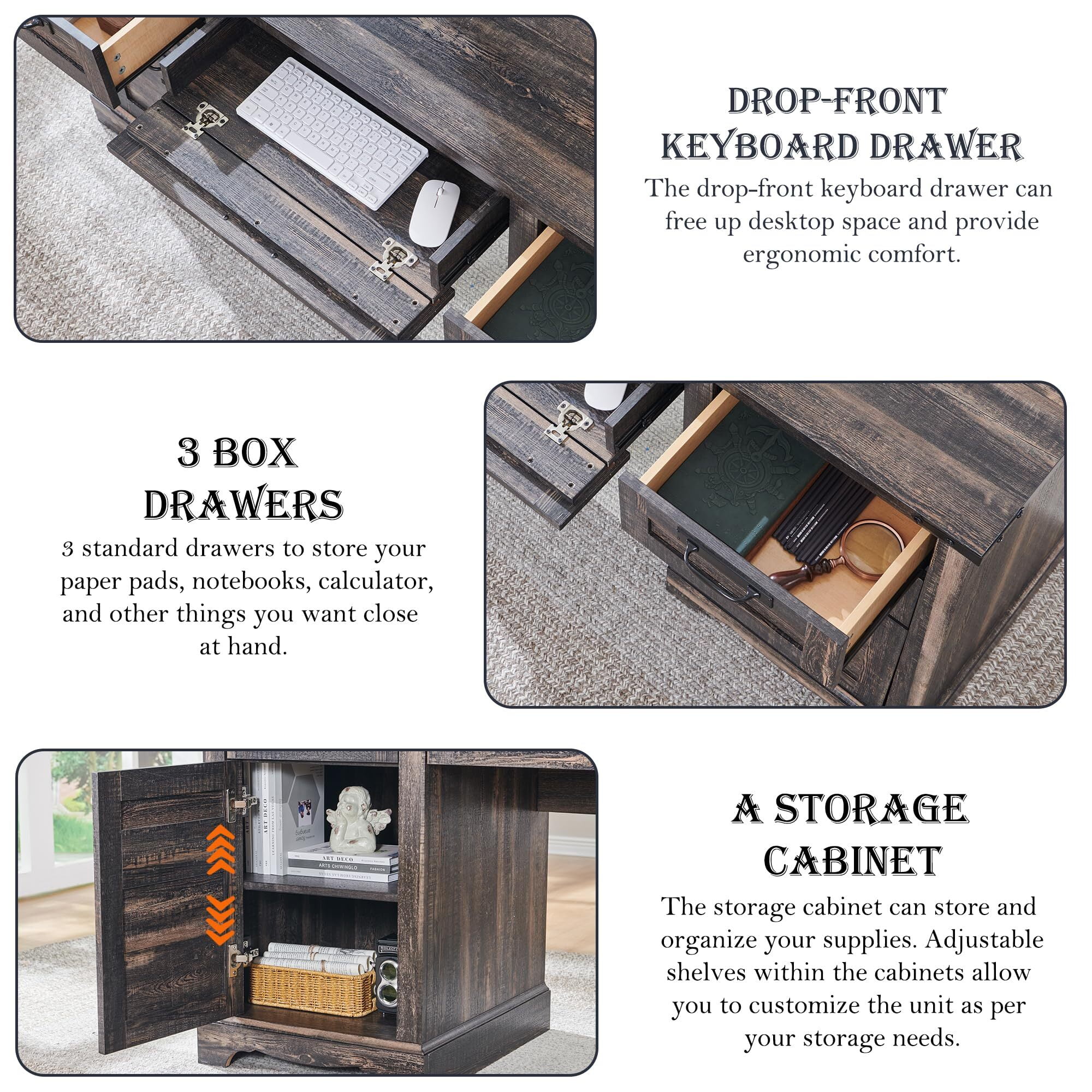 OKD Farmhouse Executive Desk, Rustic Office Desk with Charging Station and Keyboard Tray,Home Workstations with File Drawer, Storage Cabinet,Wood Computer Writing Desk, Dark Rustic Oak