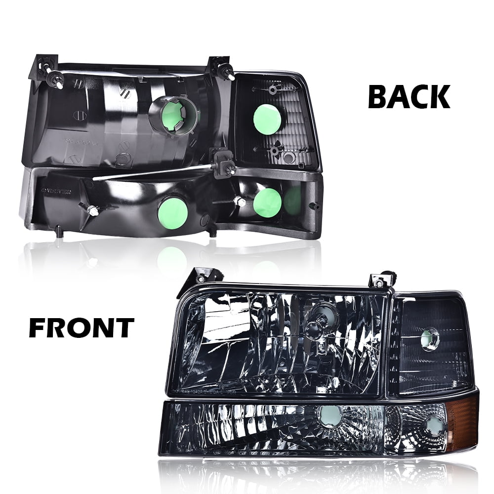 PIT66 Headlights, Fit for 1992-1996 Ford F150 F250 F350 Bronco Headlights with Corner Signal Bumper Lamps Smooky Lens Chrome Housing Amber Reflector