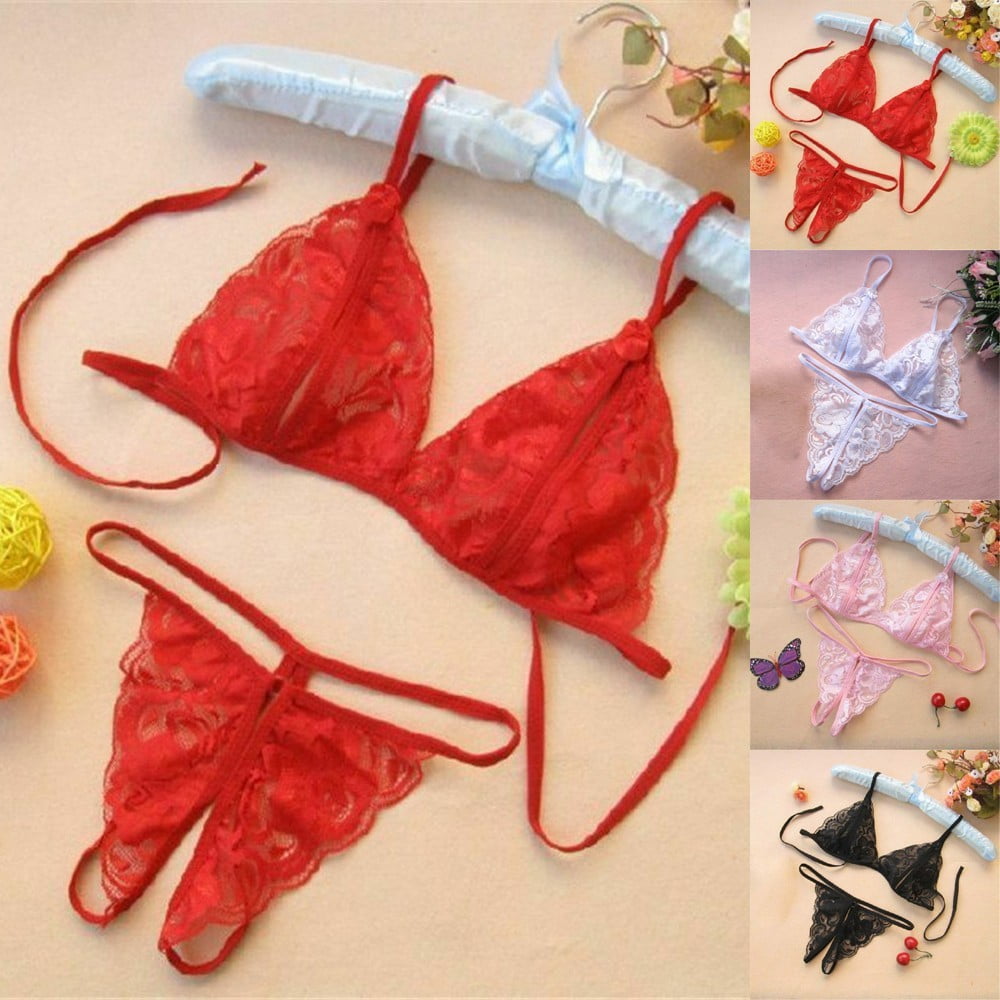 ALSLIAO Women Sexy Lingerie Baby Bra G-String Set Lace Thongs Underwear  Nightwear Red 