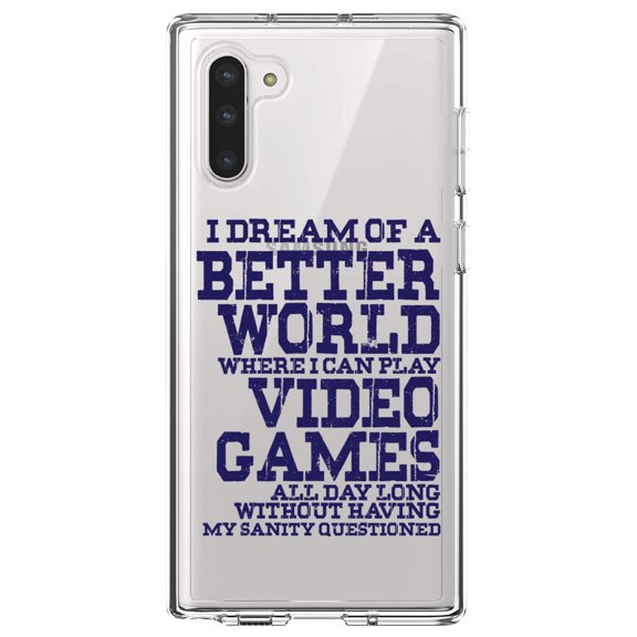 DistinctInk Clear Shockproof Hybrid Case for Samsung Galaxy Note 10 (6.3" Screen) - TPU Bumper Acrylic Back Tempered Glass Screen Protector - Dream of Better World Play Video Games All Day