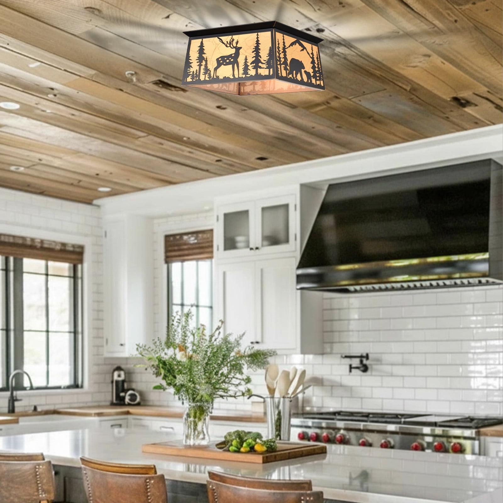 Sunnyin Farmhouse Ceiling Light Deer Bear Rustic 2-Light Black Fixture