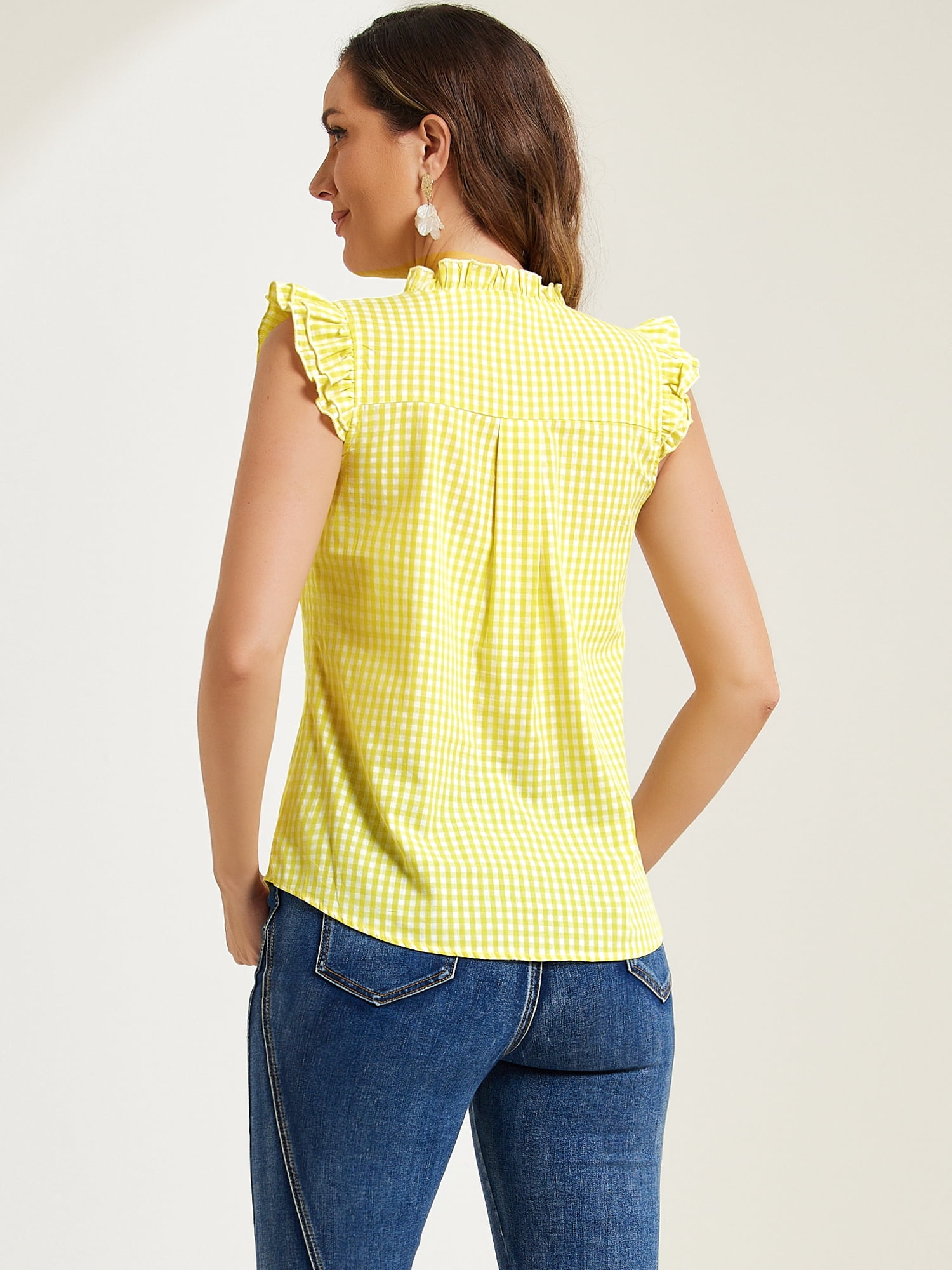 DARING DIVA Women's Cap Sleeve Plaid Gingham Ruffle Blouse XL Yellow