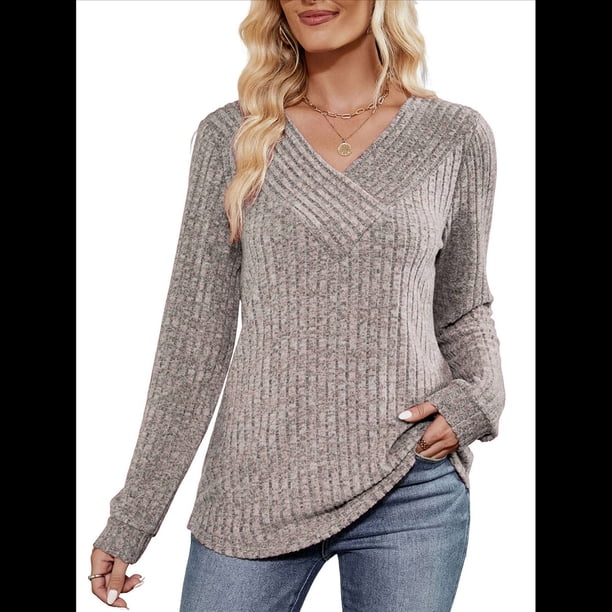 Blusa de Larga con Cuello en V para Mujer, Blusa Informal de Otoño, Suéter Tipo Túnica, Ropa de Moda. Gris XL