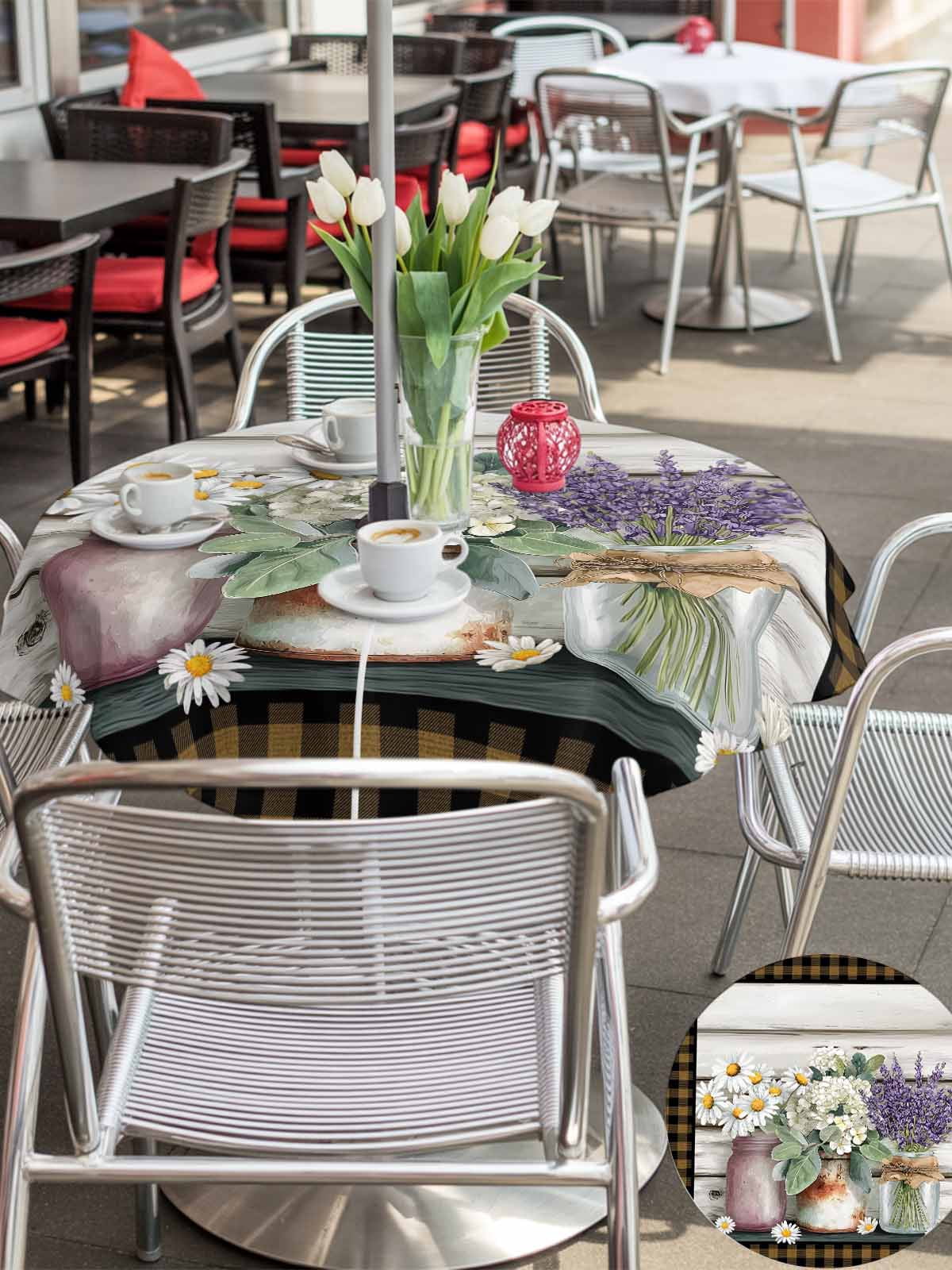 Spring Floral Outdoor Tablecloth - 54 Inch Round Dining Table Cover, Pastoral Bottle Flowers Wood Brown Plaid Waterproof Outdoor Table Cloth with Umbrella Hole & Zipper for Picnic/Patio/Party