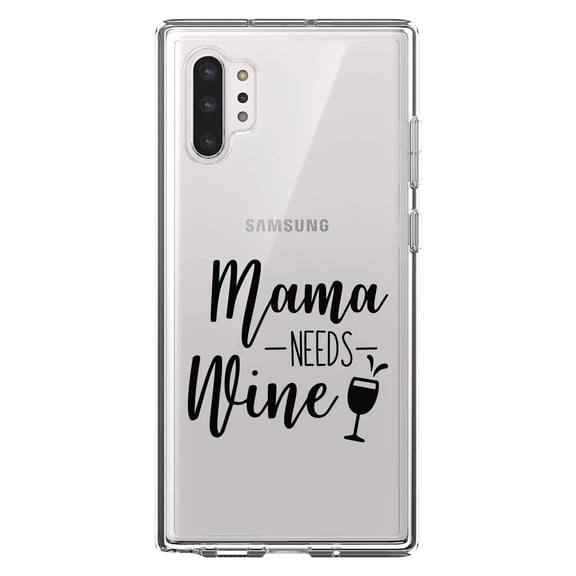 DistinctInk Clear Shockproof Hybrid Case for Galaxy Note 10 PLUS (6.8" Screen) - TPU Bumper Acrylic Back Tempered Glass Screen Protector - Mama Needs Wine - Wine Glass