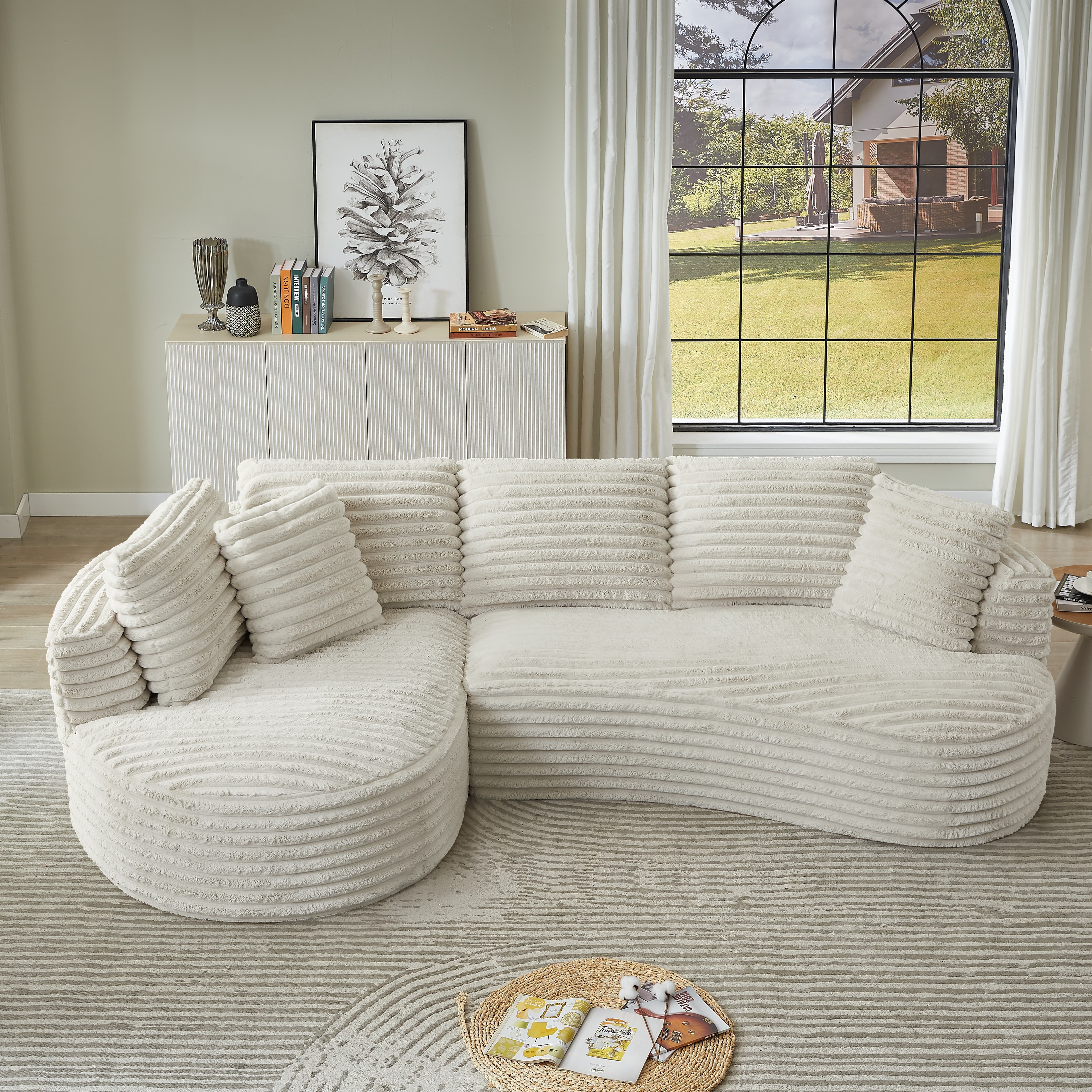 MAYEERTY Corduroy Curved L-Shape Oversized Sectional Sofa, Minimalist Luxury Sleeper Couch for Apartments, 121"W x 66"D x 35"H
