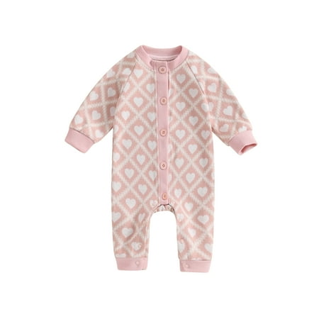 

Bslissey Newborn Baby Girl Valentine s Day Footless Knit Jumpsuit Heart Print Long Sleeve Button Sweater Rompers Infant Toddler Casual Knitwear Bodysuit 0-24 Months
