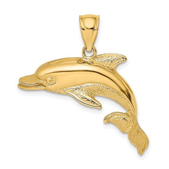 14k Yellow Gold 2-D Polished and Engraved Open Mouth Dolphin Pendant