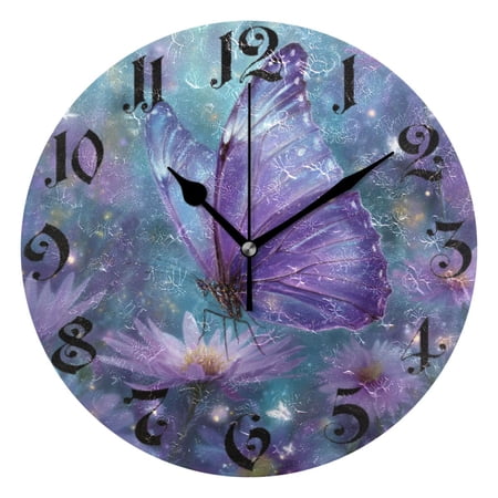 DEIARA Purple Sparkling Butterfly Burgundy Butterfly Wall Clock 10in Silent Mechanism Battery Operated Retro Style for Living Room Bedroom and Kitchen Black Pointer