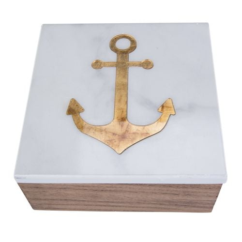Beachcombers Square Wood Box With Gold Foil Anchor