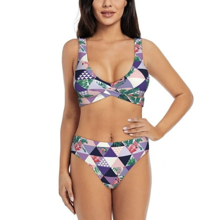 Bathing Suit For Women  Plaid Flamingo High Waisted Bikini Set Bathing Suit Cross Lace Up Swimsuit