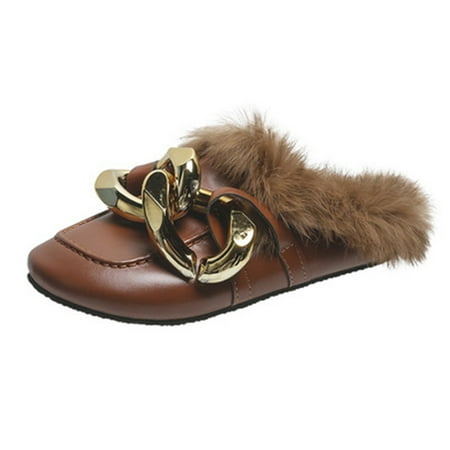 

Sentuca Retro Women Vintage Casual Large Metal Locking Hook And Loop Enviros Fleece Low Heels Slingback Fall Winter Round Toe Shoes