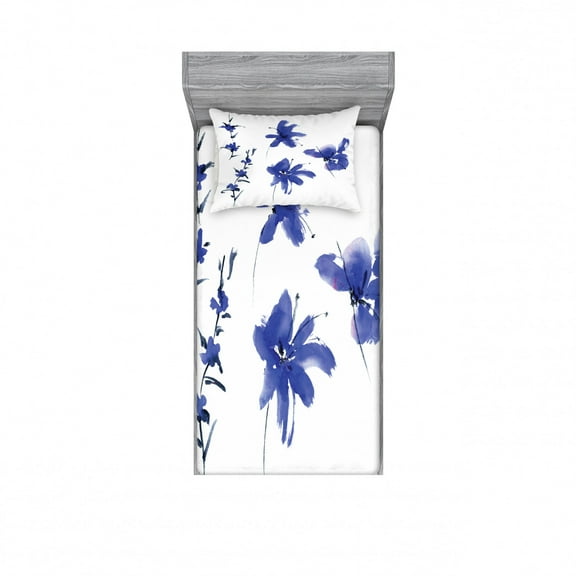 Ambesonne Flower Fitted Sheet & Pillow Sham Set, Oriental Art, Twinxl, Dark Violet