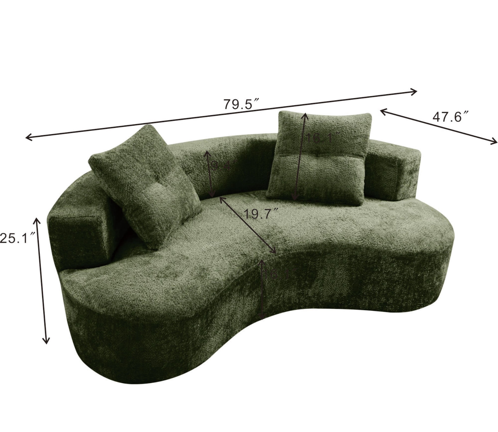DEALTOPS 80" Curved Boucle Floor Sofa, 3-Seater Boneless Cloud Couch with 2 Pillows, No Assembly, Green